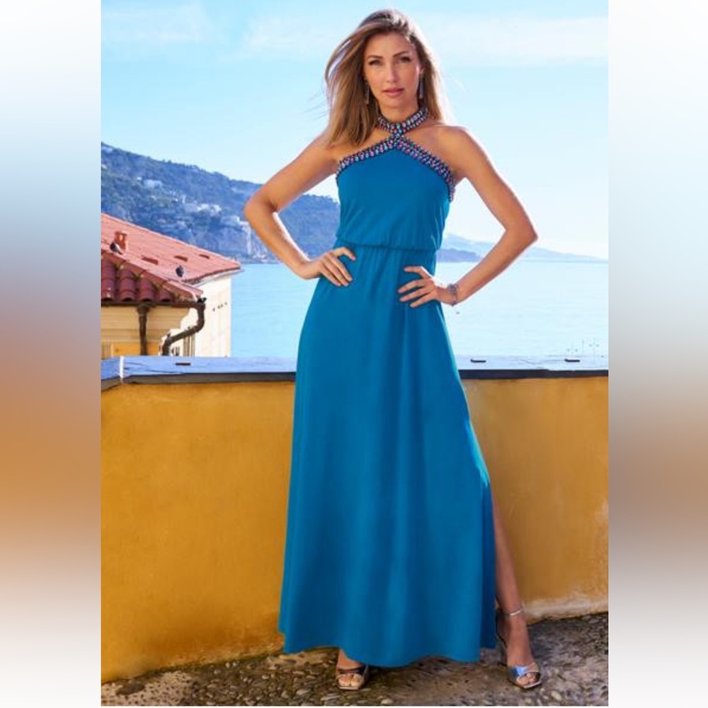 Boston Proper Elegant Blue Halter Maxi Dress NWT